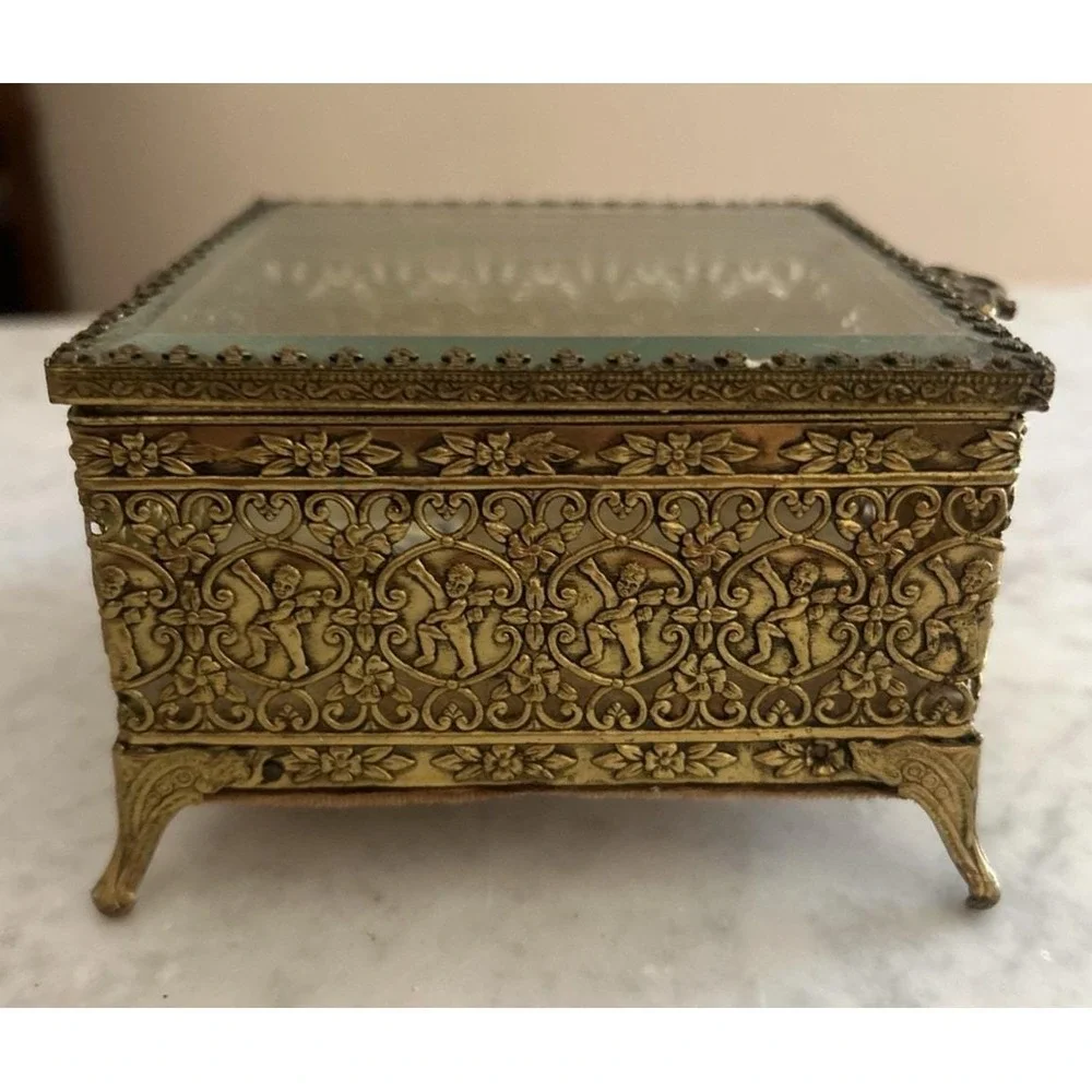 Vintage Jewelry Box Golden Filigree Beveled Glass Footed Full Of Crystal 5×6.5in